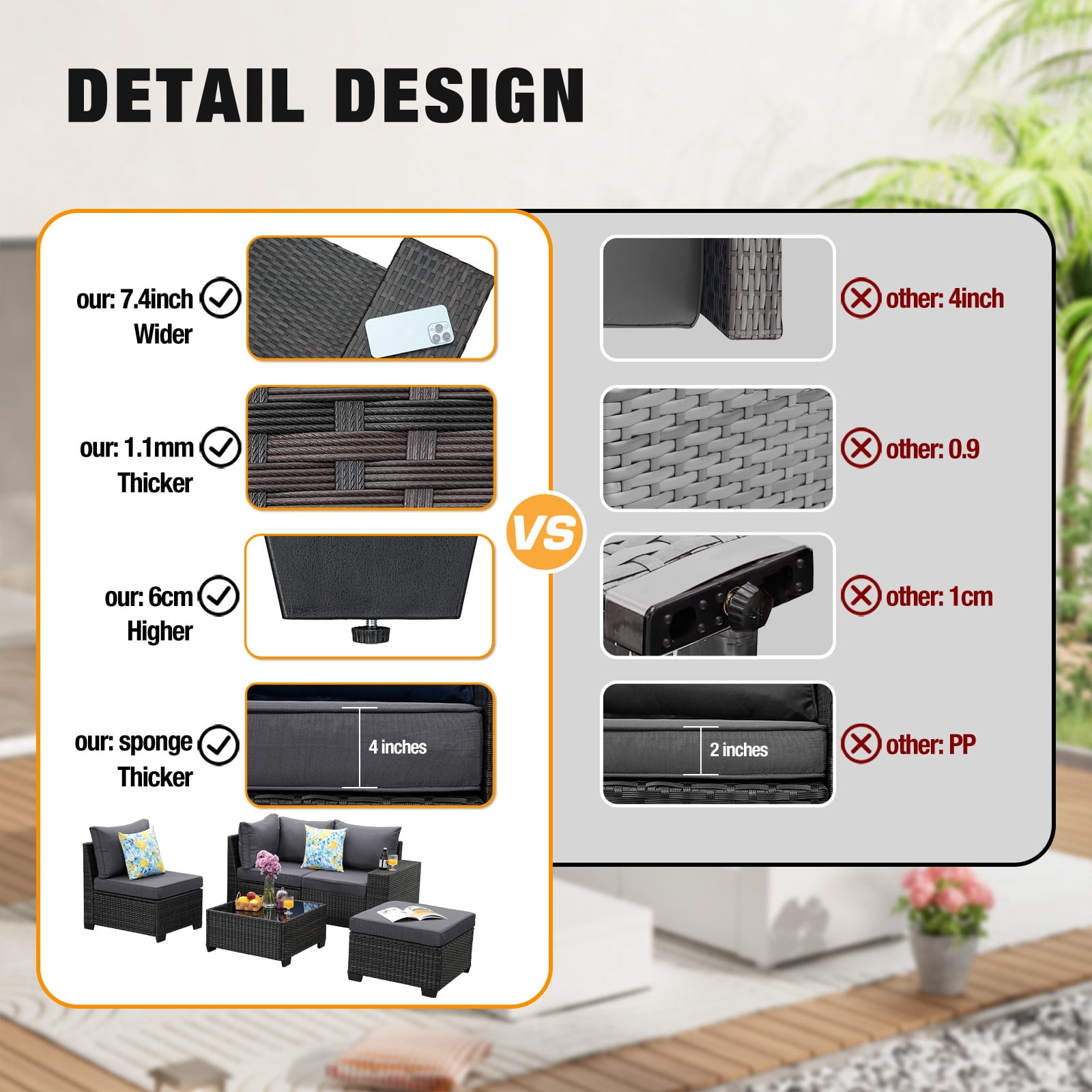 JOYURE 6 Pieces Patio Furniture set All-Weather Outdoor Wicker Sectional Conversation Sofa Rattan patio seating sofa with cushion and Glass Table and Ottoman for Porch Poolside,Grey