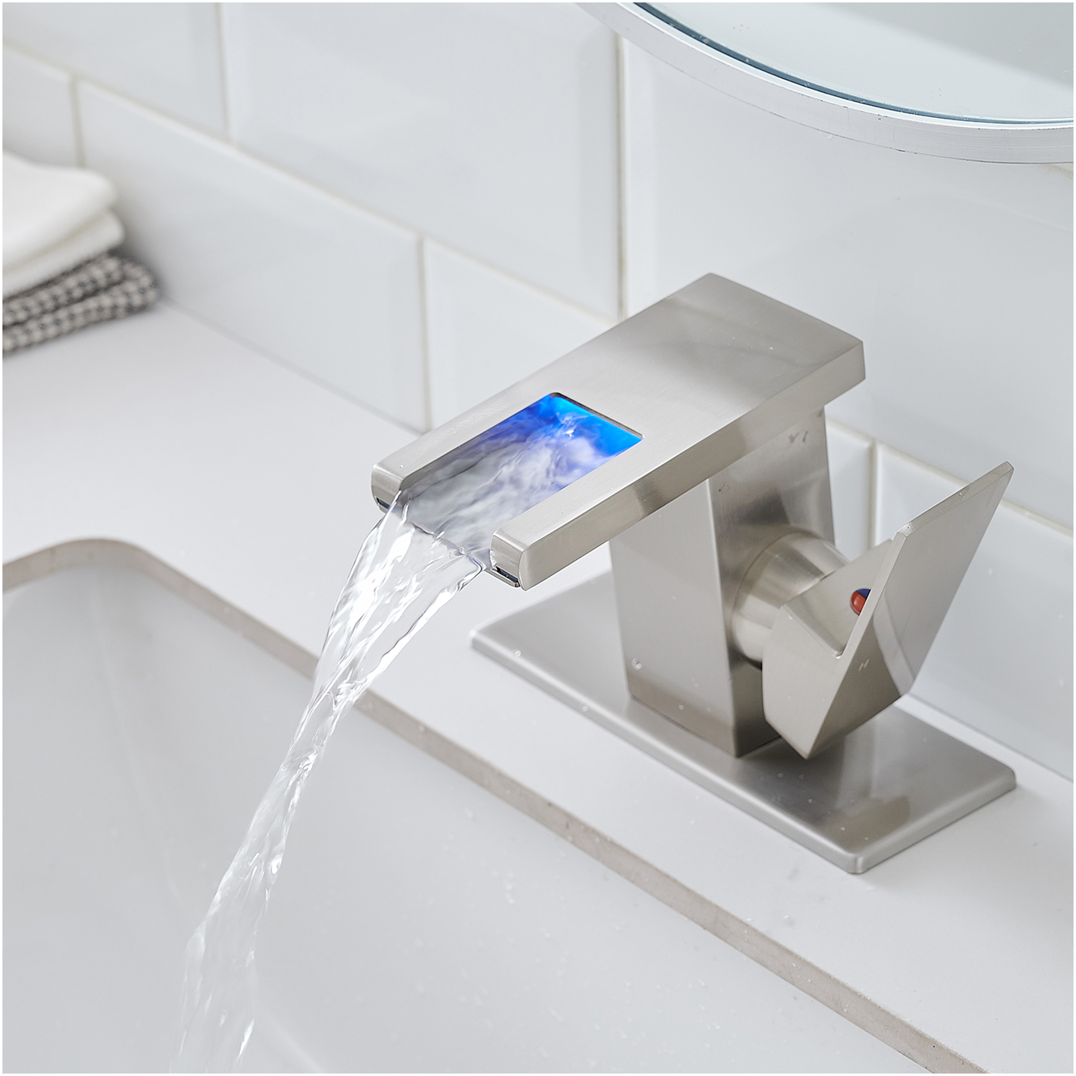 JERFIT LED Waterfall Bathroom Sink Faucet, Single Handle Single Hole Deck Mount Brushed Nickel, Temperature Changing Light