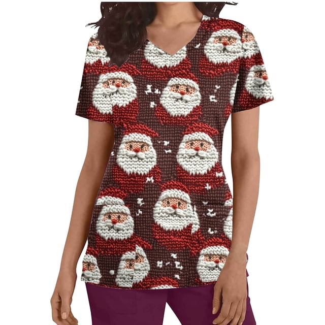 Mujeres Navidad Tops Cuello en V Manga Corta Impresión con Diseño de Enfermera de Bolsillo, Poliéster Ligero para las Vacaciones Y el Uso Casual Diario