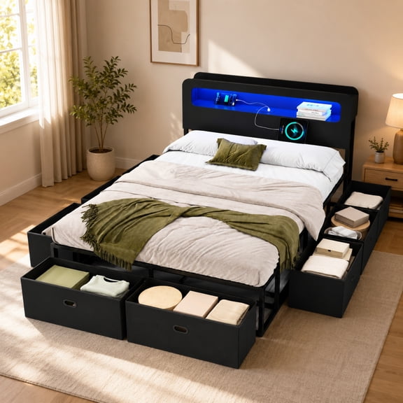 Miniyam Full Platform Bed Frame with 8 Storage Drawers, LED Lights, Bookshelf Headboard and Charging Station, Black