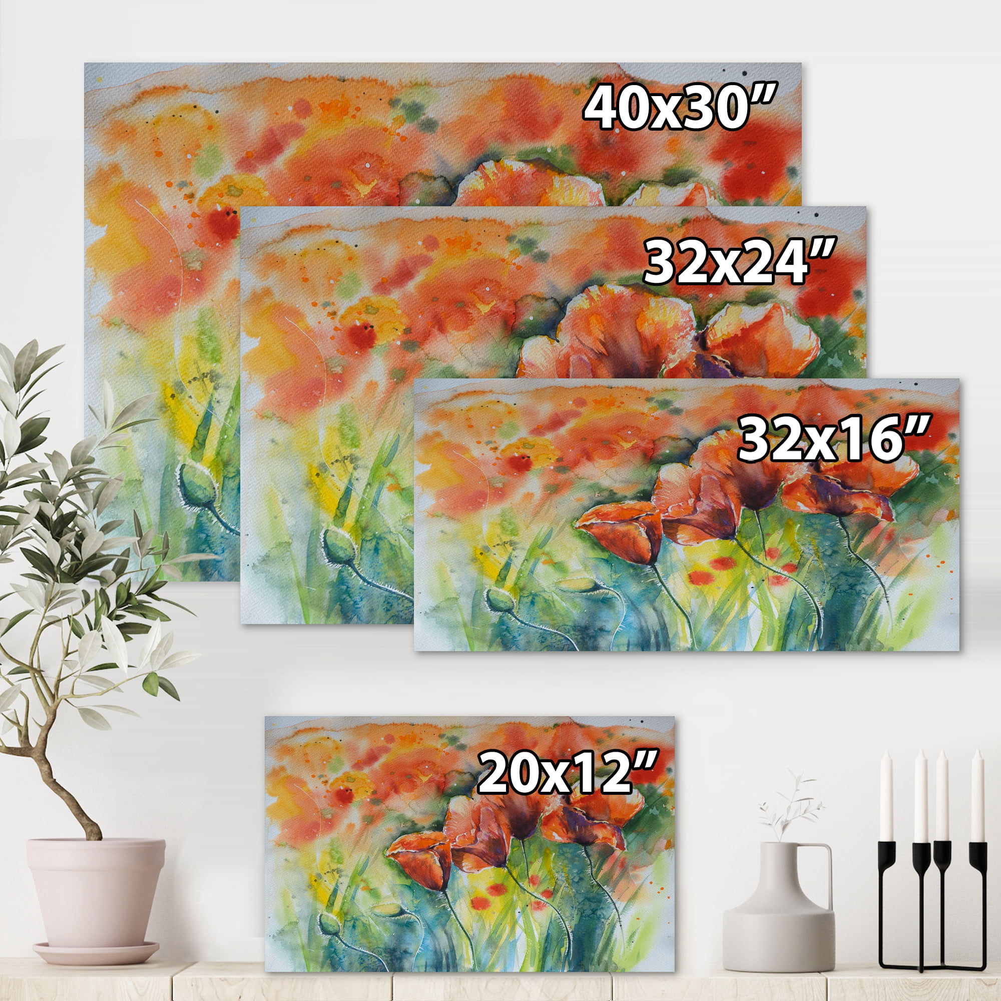 Designart ' Red Blossoming Poppies Over Wild Green IV ' Traditional Canvas Wall Art Print