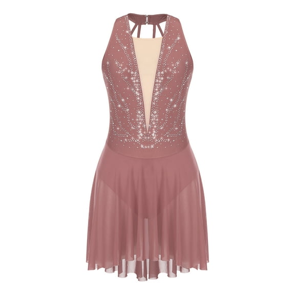 renvena Women's Lyrical Mesh Figure Ice Skating Dresses Backless Ballet Dance Dusty Pink XL