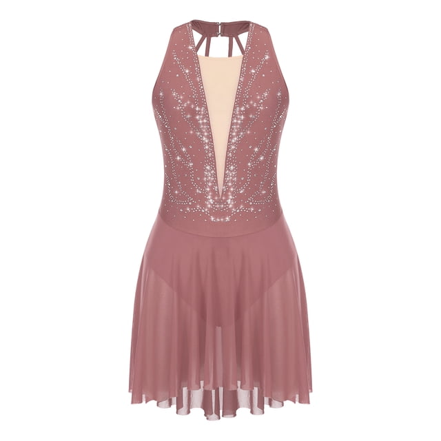 Yeahdor Costume de Danse Lyrique pour Femmes Robe Sans Manches Asymétrique Contemporain Ballet Danse Moderne R0884 Rose Poussiéreux S