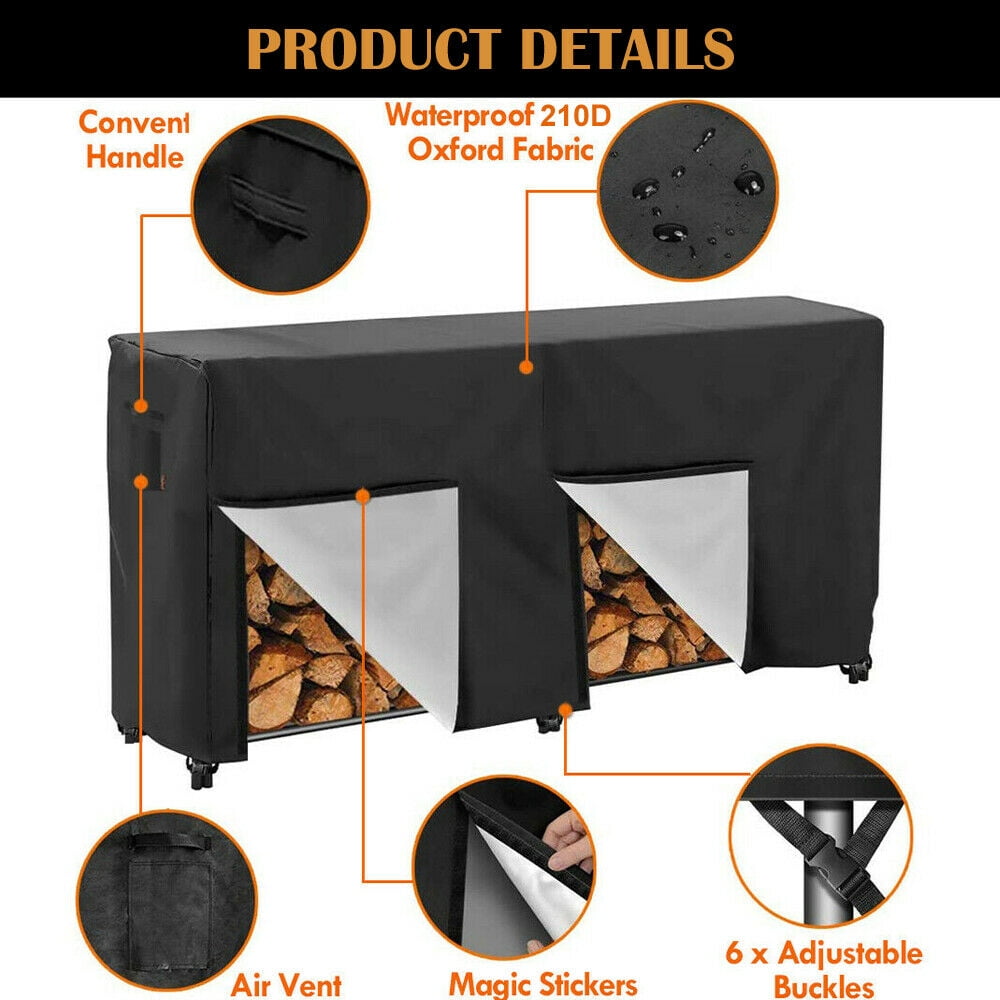 Firewood Rack Cover, IC ICLOVER Waterproof 8 feet Log Rack Cover, Windproof Dry Wood Pile Holder Storage Tarp Cover Heavy Duty Outdoor UV Resistant Sun Snow Rain Protector Fit 4 Seasons Black