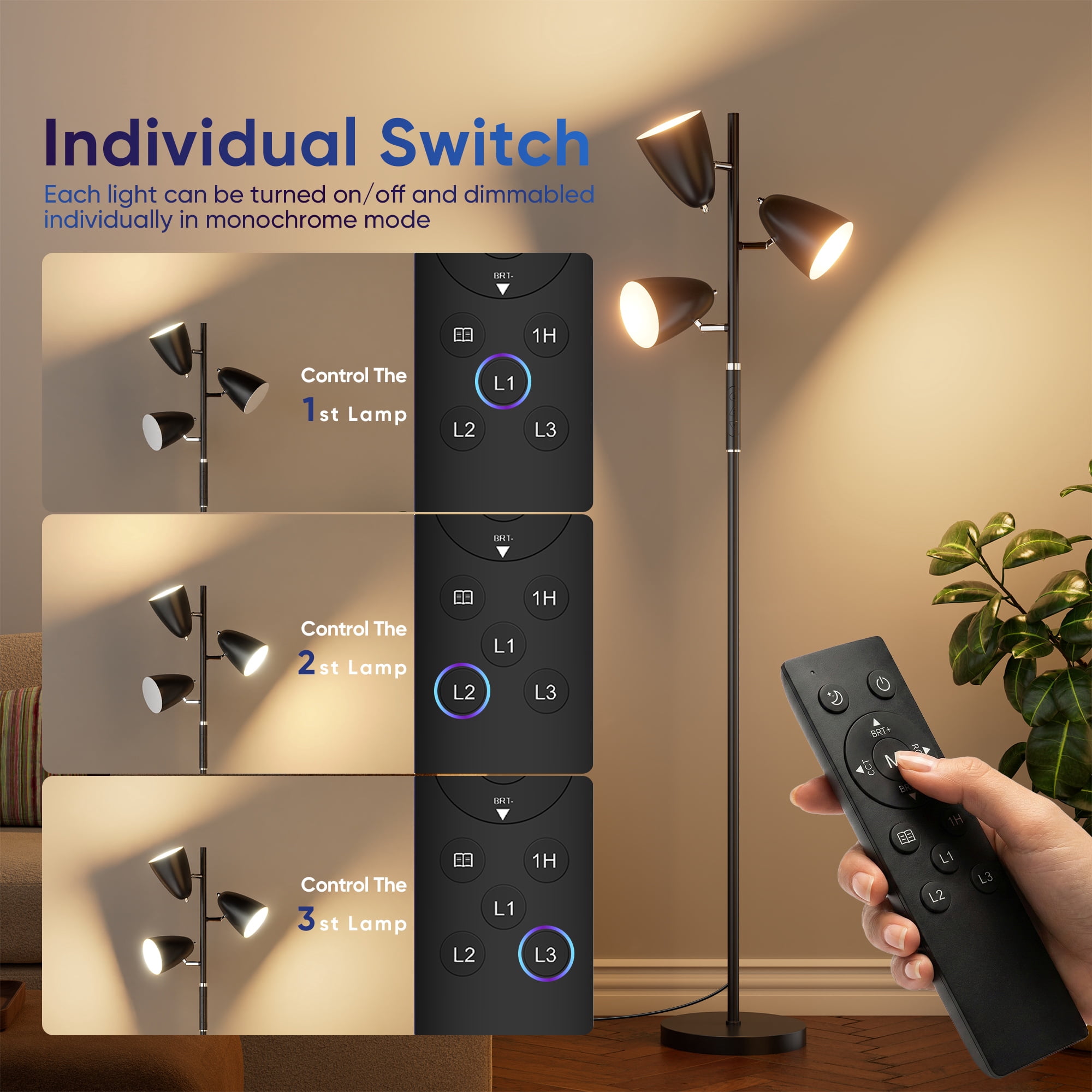70" Modern Floor Lamp for Living Room, Tree Floor Lamp for Bedroom with 4 Colors Changing& RGB Mode, Remote and Touch Control Stepless Dimmable, Black