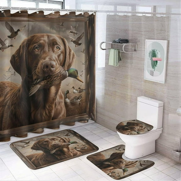 4pcs Chocolate Labrador Shower Curtain Sets with Rugs, Toilet Lid Cover and Bath Mat, Mallard Duck Dog Nature Animal Bathroom Curtains Decor Shower Curtains, 72" X 72"