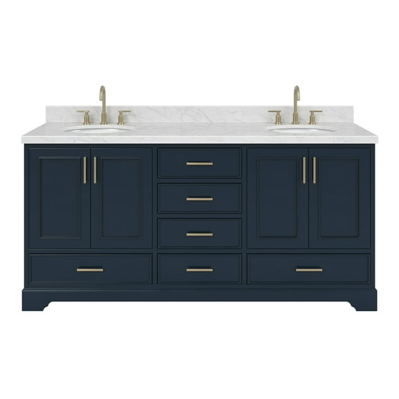 Ariel Stafford 73 Inch Double Oval Sink Vanity With Carrara White Marble Countertop W/1.5" Edge In Midnight Blue