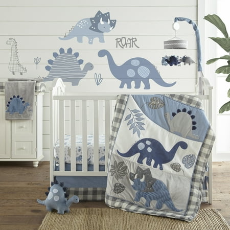 UPC: 0190945087027 | Levtex Baby – Kipton Crib Bed Set – Baby Nursery Set – Grey White and Blue – Dinosaurs and Leaves – 4 Piece Set Includes Quilt Fitted Sheet Wall Decal & Skirt/Dust Ruffle