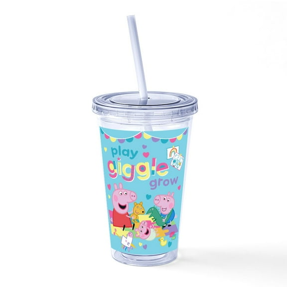 CafePress - Peppa Pig: Play Giggle Grow - 16 Ounce Classic Clear Insulated Double Wall Tumbler Cup with Lid Straw , Reusable