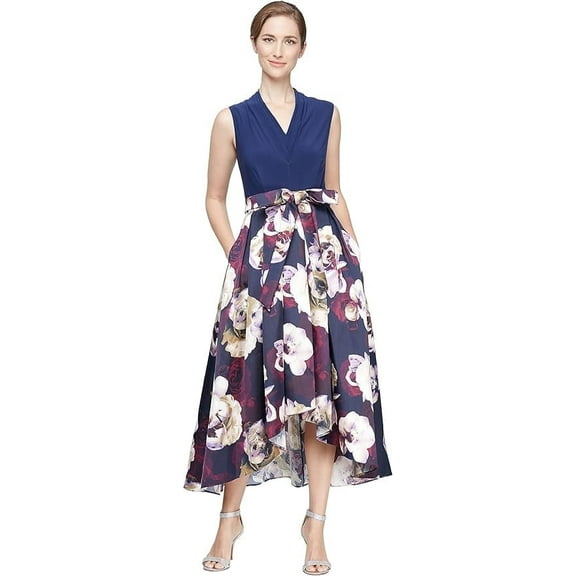 S.L. Fashions Women's Floral High-Low Gown with Pockets and Stretch Bodice, Dress, Women's