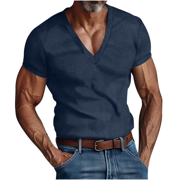Camisas de Manga Corta de los Hombres con Cuello en V Top de Color Sólido, Blusa Casual para el Aire Libre, el Ocio Y el Uso Diario de Verano