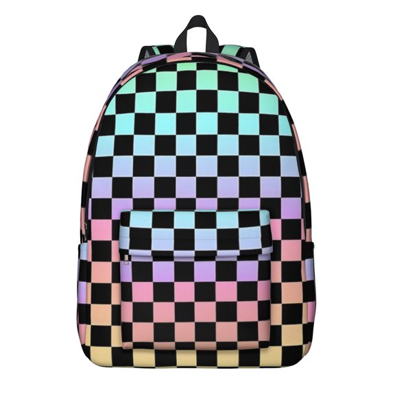 Rainbow Checkered Pattern Backpack for School, Cute School Bag with Adjustable Shoulder Straps and Padded Back, 15.7"x11.8"x5.5"