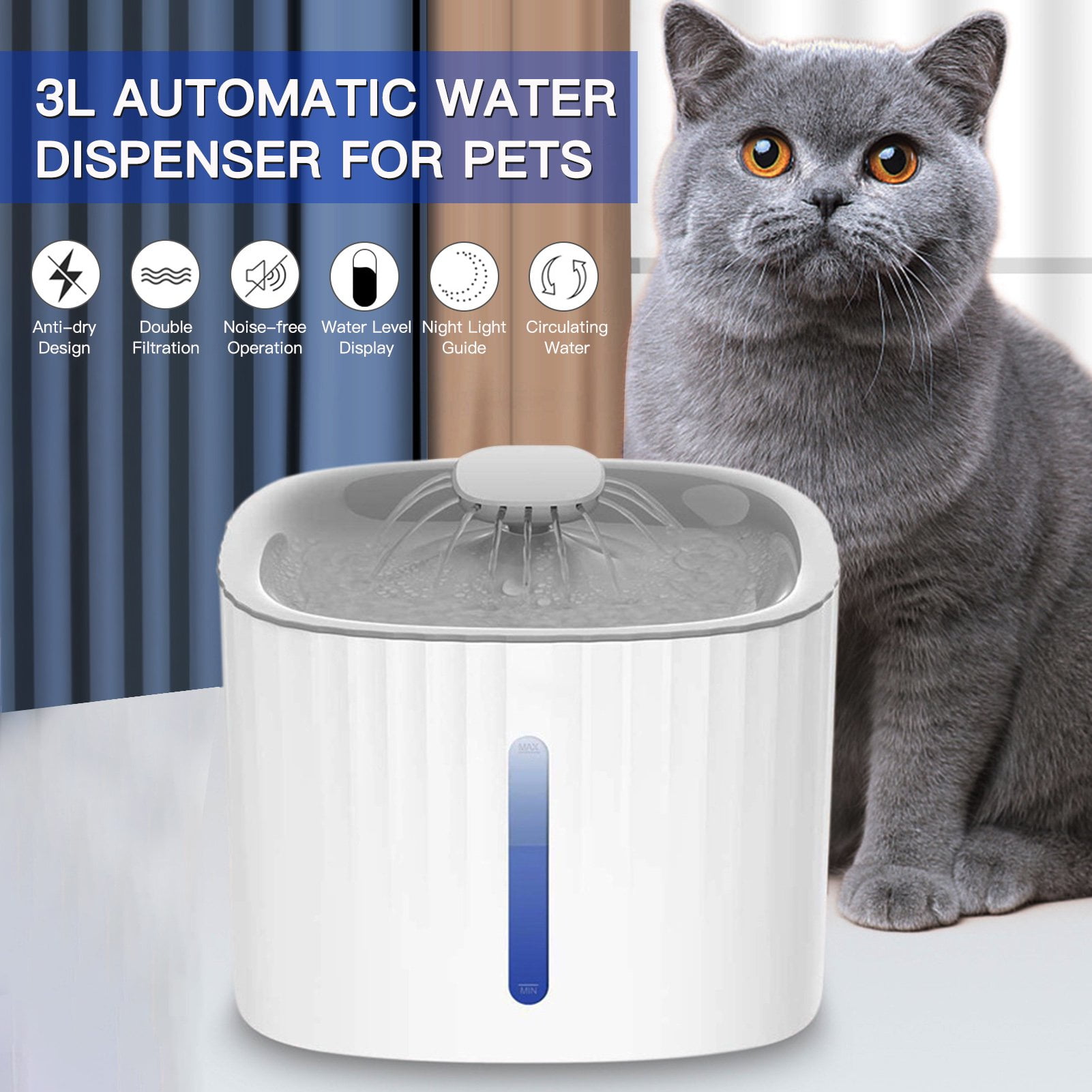 Automatic Water Dispenser For Pets 3L Led Water Level Display Noise