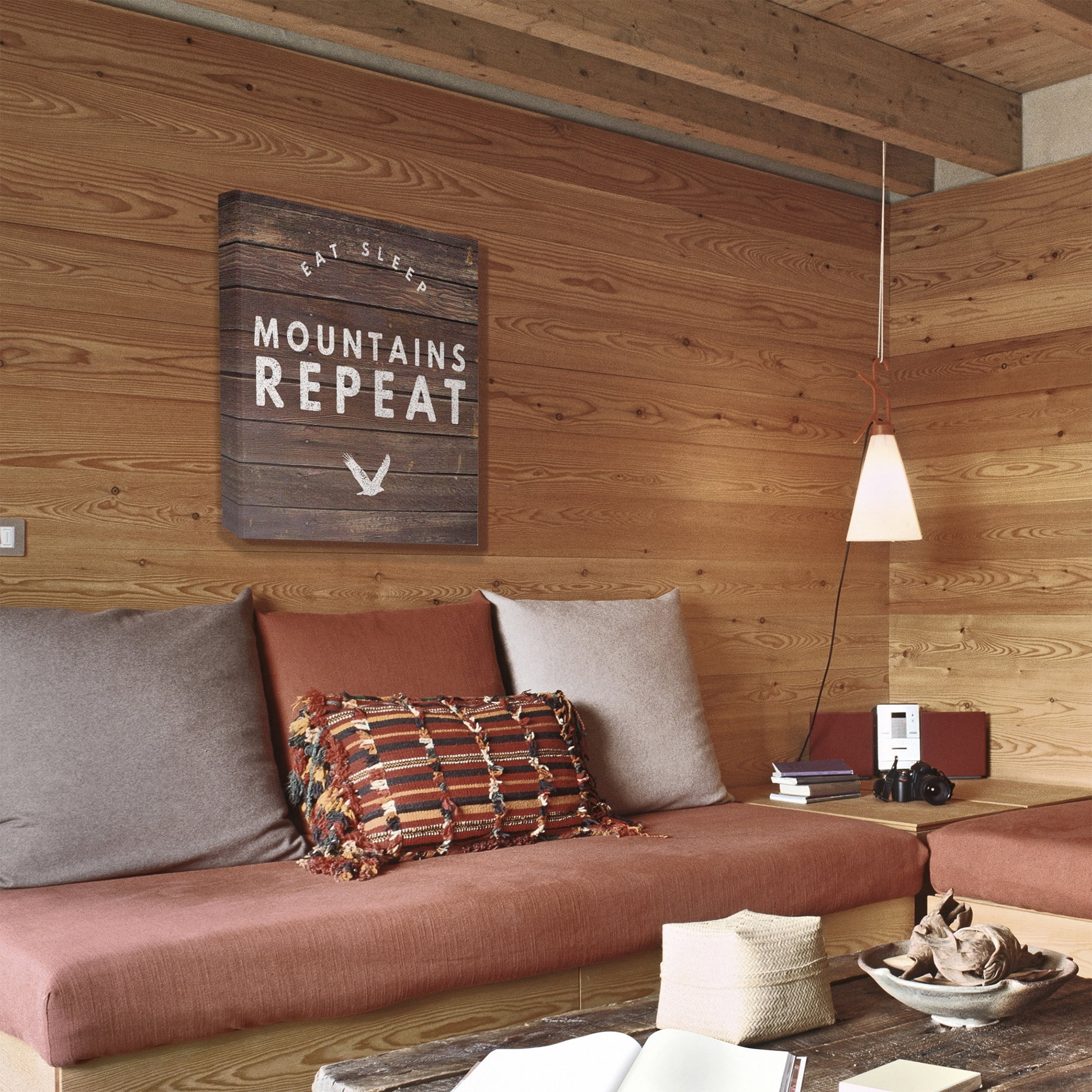 The Stupell Home Decor Collection Dark Wood Planked Look Eat Sleep Mountains Repeat Typography XL Stretched Canvas Wall Art, 30 x 1.5 x 30