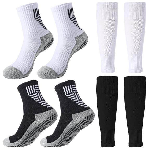 Hengguang 2-Pair Kids Grip Soccer Socks Set with 2 Shin Guard Sleeves, Non-Slip Silicone Socks for Boys Ages 5-12, Breathable Athletic Compression Football & Basketball Training Gear