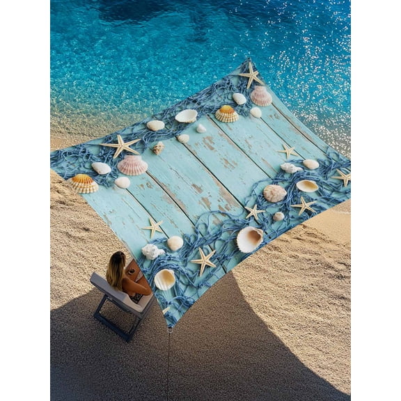Country Beach Sun Shade Sail 12' x 16', Blue Wood Grain Seashell Conches Starfish Rope Rectangle Outdoor Sunshade Canopy, Waterproof UV Block Patio Covers for Garden Yard Beach