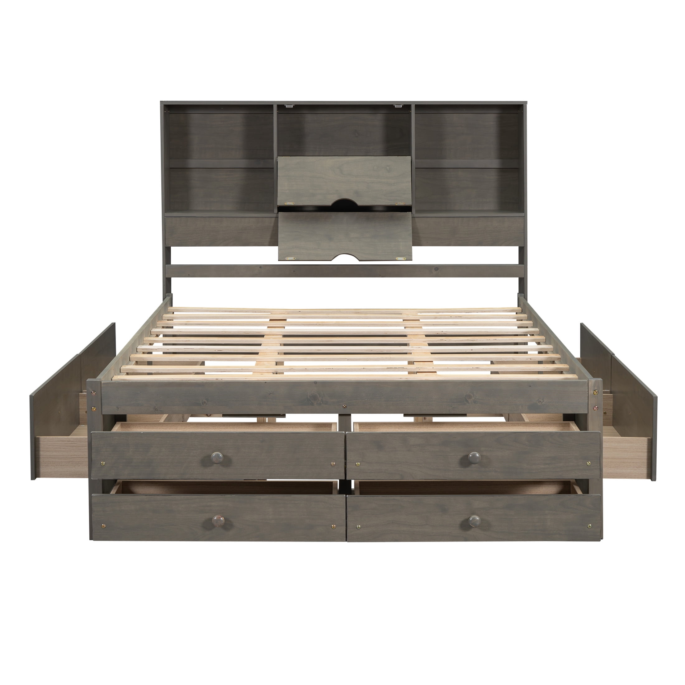 Noble House Solridge Queen Size Platform Bed with Bookcase Headboard and Storage Drawers, Solid Wood Frame, Gray