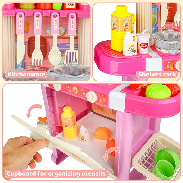 Hot Bee 34 inch Pink Play Kitchen Sets for Girls, Safe&Fun Pretend