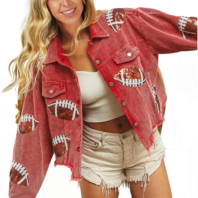Women's Cropped Corduroy Jacket Football Sequin Patched Short Button Raw Hem Jacket Coat
