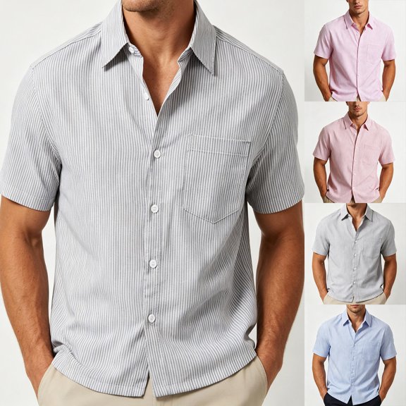 IhhxPro Men's Short Sleeve Button down Shirt Loose Fit Striped with Pocket Summer Casual Cotton Relaxed Vacation Beach Daily Wear S-XL