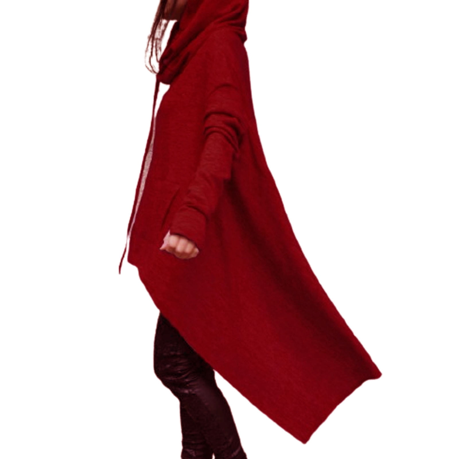 Fartey Womens Asymmetrical Hem Hoodies Casual Irregular Long Sleeve Drawstring Hooded Sweatshirt Long Tunic Pullover Sweatshirts Wine 3XL
