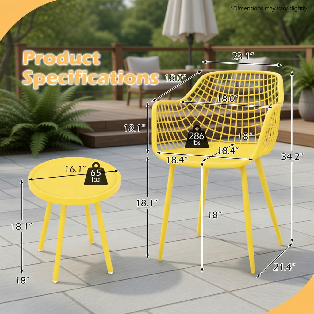 Hommoo 3-Piece Outdoor Patio Chair Set with PP Seat & Coffee Table, Metal Bistro Set for Backyard, Balcony, Poolside, Yellow