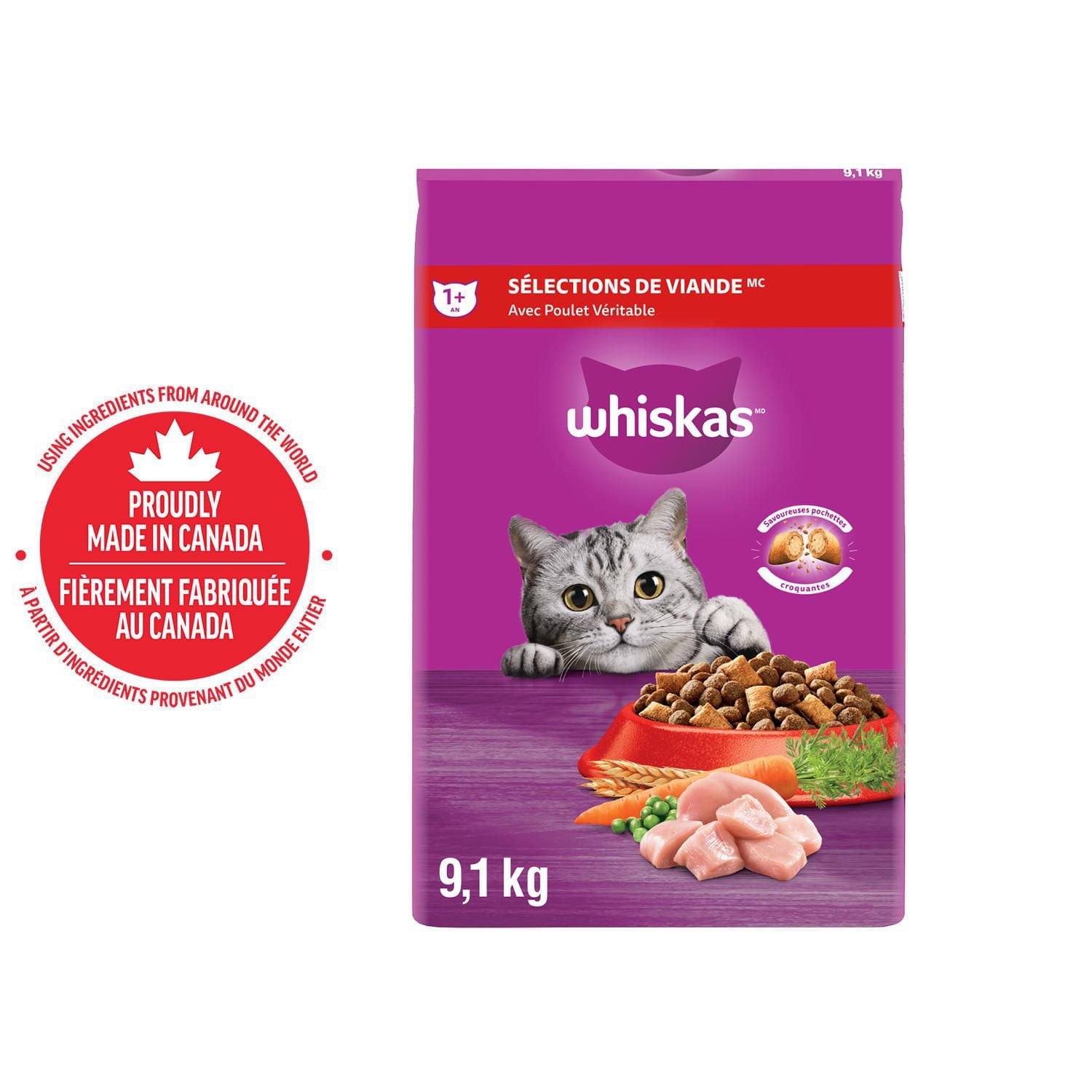 Nourriture sèche pour chats adultes WHISKAS Sélections de viande avec poulet véritable 2 - 9,1 kg