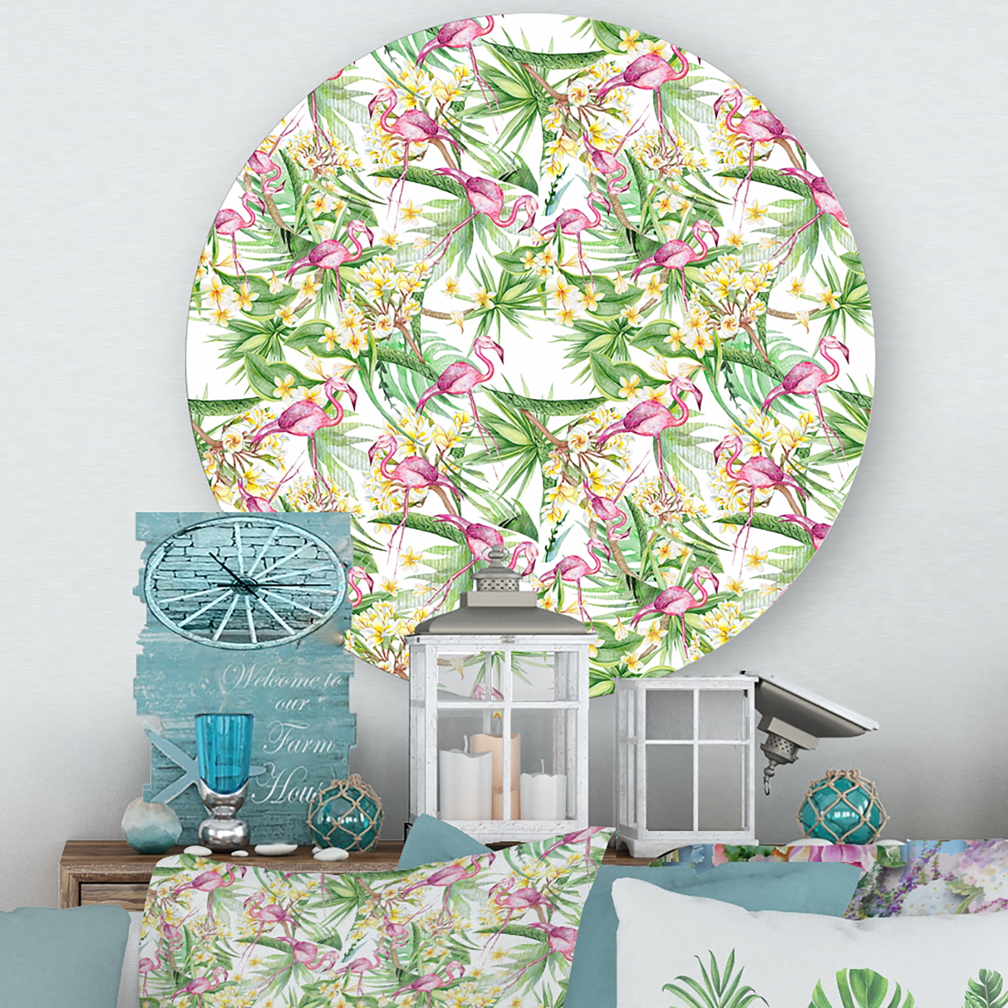 Designart 'Yellow Flowers, Tropical Foliage With Flamingo II' Modern Circle Metal Wall Art 23x23 - Disc of 23