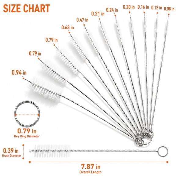10-Piece Stainless Steel Straw Cleaning Brush Set, 8.2" Long Nylon Bristle Tube Brushes for Reusable Straws, Water Bottles, Tumblers