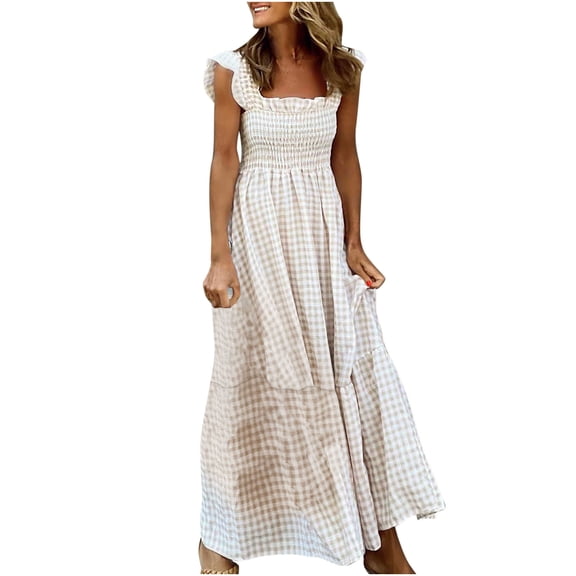 Cxenplz Women's Sundress Retro Plaid Smocked Dress Spaghetti Strap Flounce Long Dress