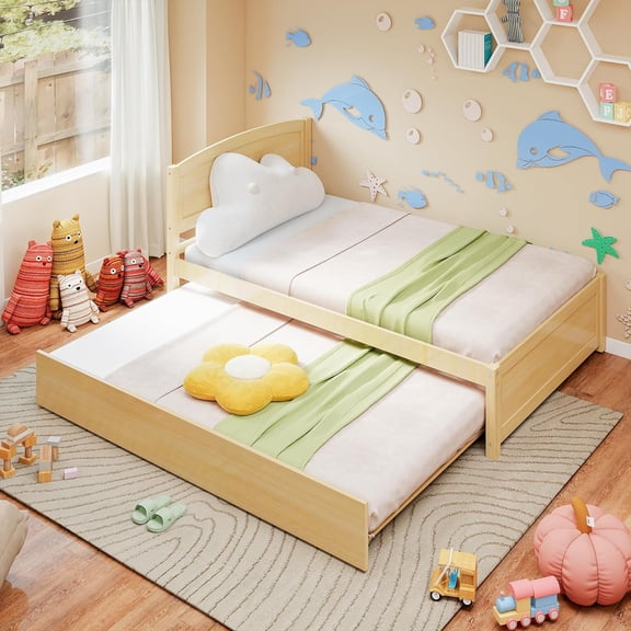 UNBRAND Trundle Bed Twin, Twin Bed with Trundle, Solid Wood Twin Daybed with Trundle and Wooden Slats Support, Extendable Day Bed with Pull Out Bed (Natural)