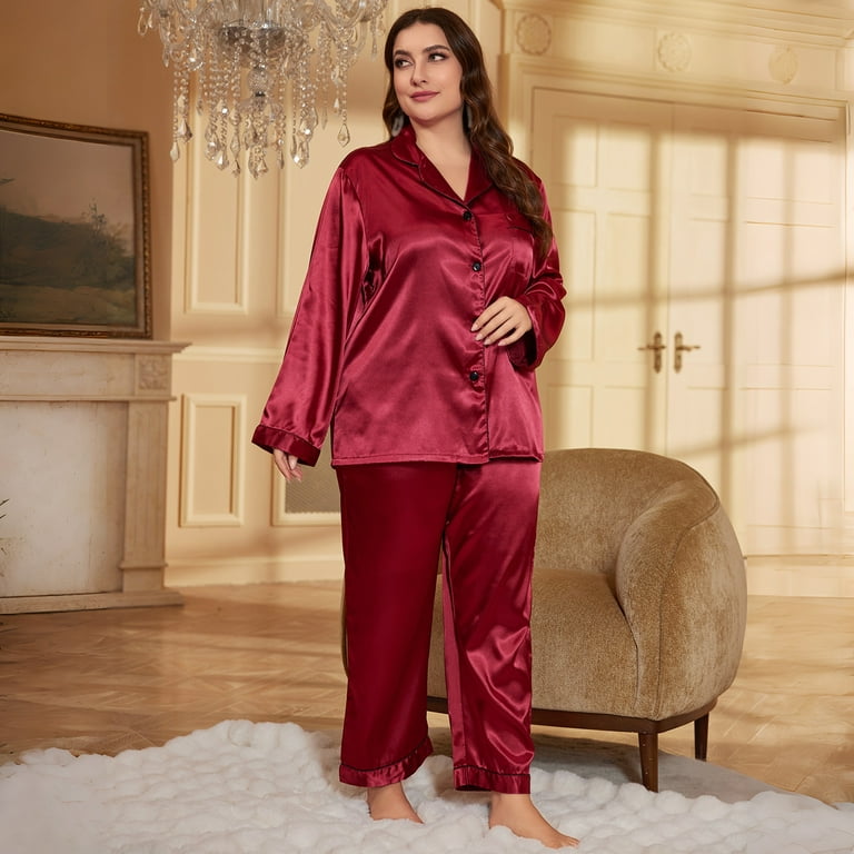 Womens Silk Satin Pajamas Loungewear Two piece Sleepwear Button Down Pj Set Plus Size Sexy Home Sleepwear Set Red 3x Large Size