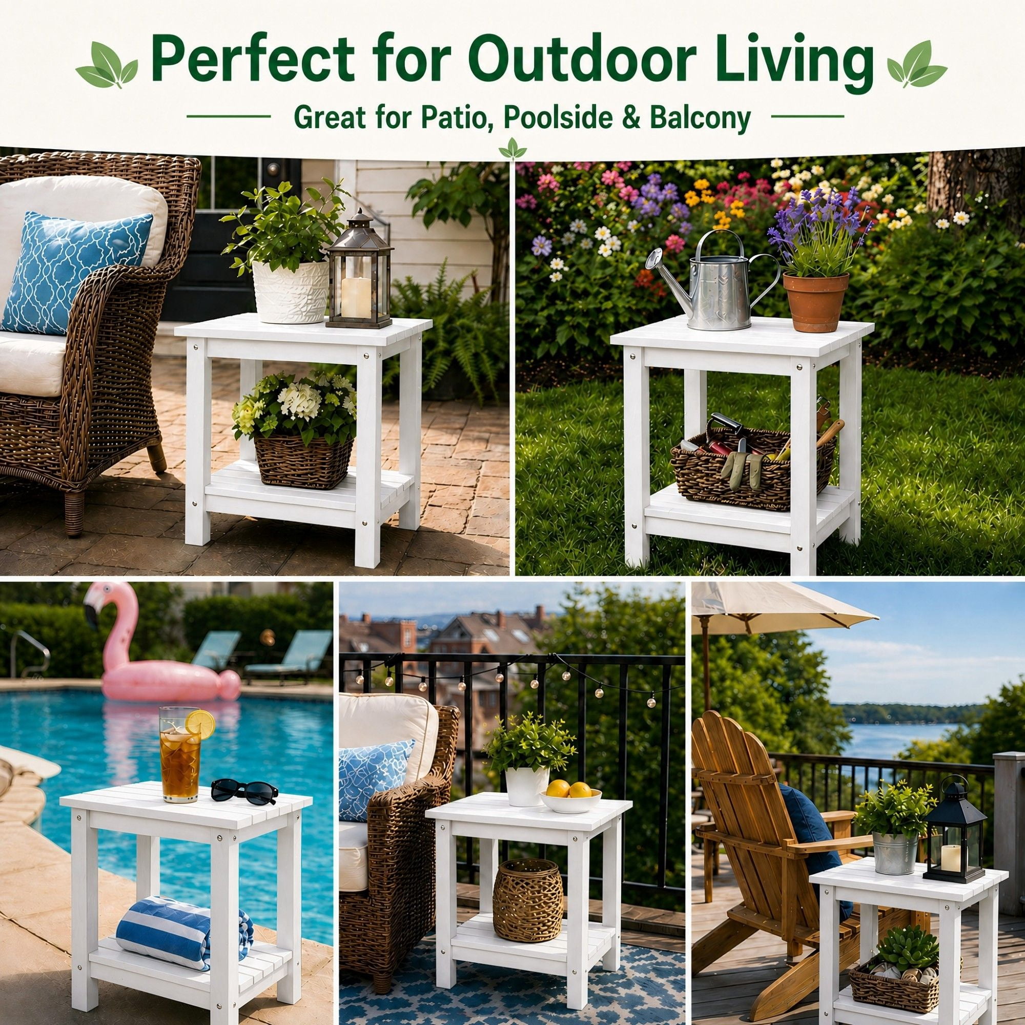Y&M Outdoor Side Table, HDPE Patio End Table for Adirondack Chair, Weather Resistant Small Accent Table, White, Double Layer