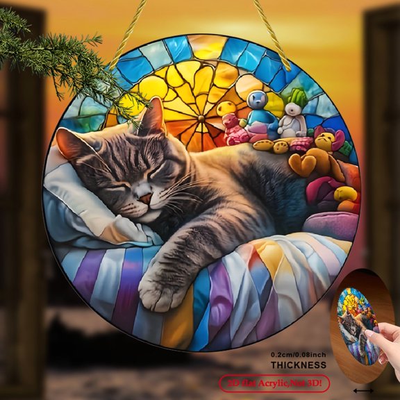 2D Flat, 1pc Sleeping Grey Cat Sun Catcher Wall Sculpture - Acrylic Round Sign with Stained Effect, Vibrant Home Decor for Living Room, Window, Best Friend Gift, Cat Wall Art, 8*8inch