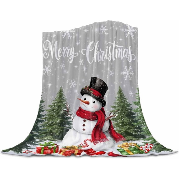 Snowman Merry Christmas Blanket, Gray Winter Super Soft Warm Flannel Blankets for Bed Couch Sofa Socks Presents Xmas Tree Lightweight Fluffy Plush Bed Throws 40x50 Inch