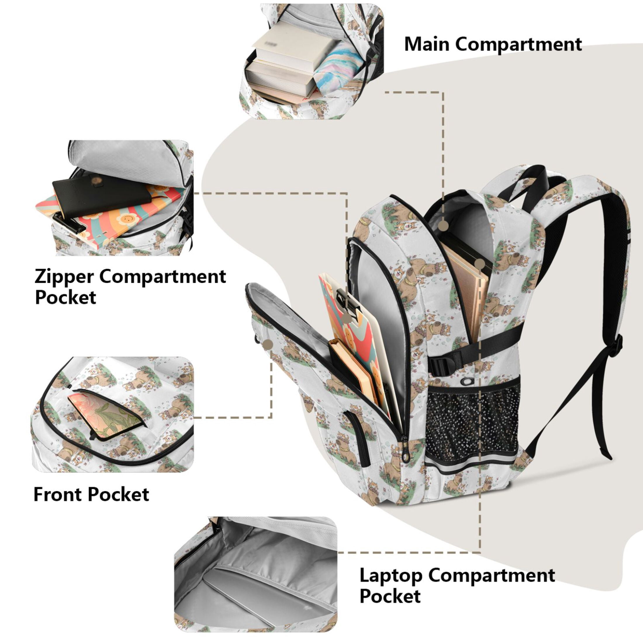 ALAZA Cute Cats Corgi Capybara Print Student Backpack School Bookbag Large Laptop Daypack Travel Bag