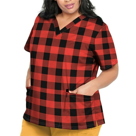 

Sksloeg Womens Scrubs Tops Plus Size Plaid Printed Short Sleeve V-Neck Lightweight Easy Fit Shirts Tee Tops with Pockets Red L