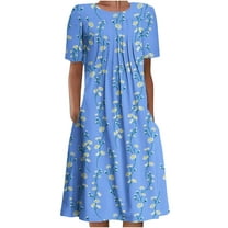 IROINNID Summer Dresses for Women Women Beach Knee Length Dresses with Round Neck and Short Sleeve Ruffled Floral Summer Outfits Dress