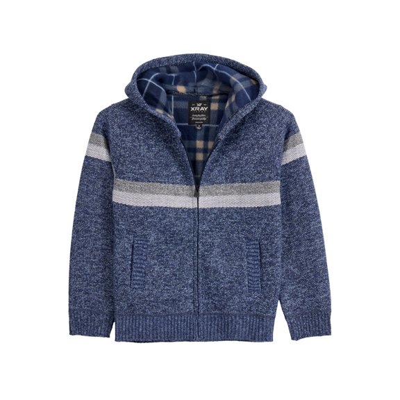 X RAY Boys (6-12) Full Zip Fleece Flannel Lining Sweater with Hood, Kids Knit Sweater for Spring, Fall and Winter | Marbled Blue/Light Grey,