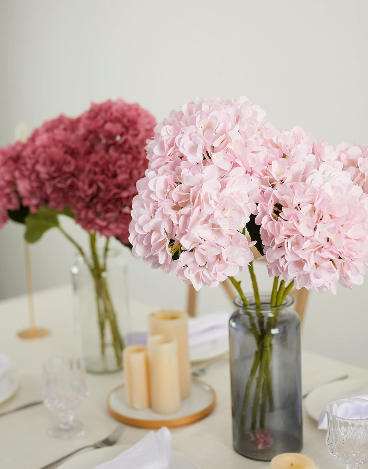 5PCS 15.4In Artificial Hydrangea Silk Flowers Bouquet Faux Hydrangea Stems for Wedding Centerpieces Home Decor (White, 5)