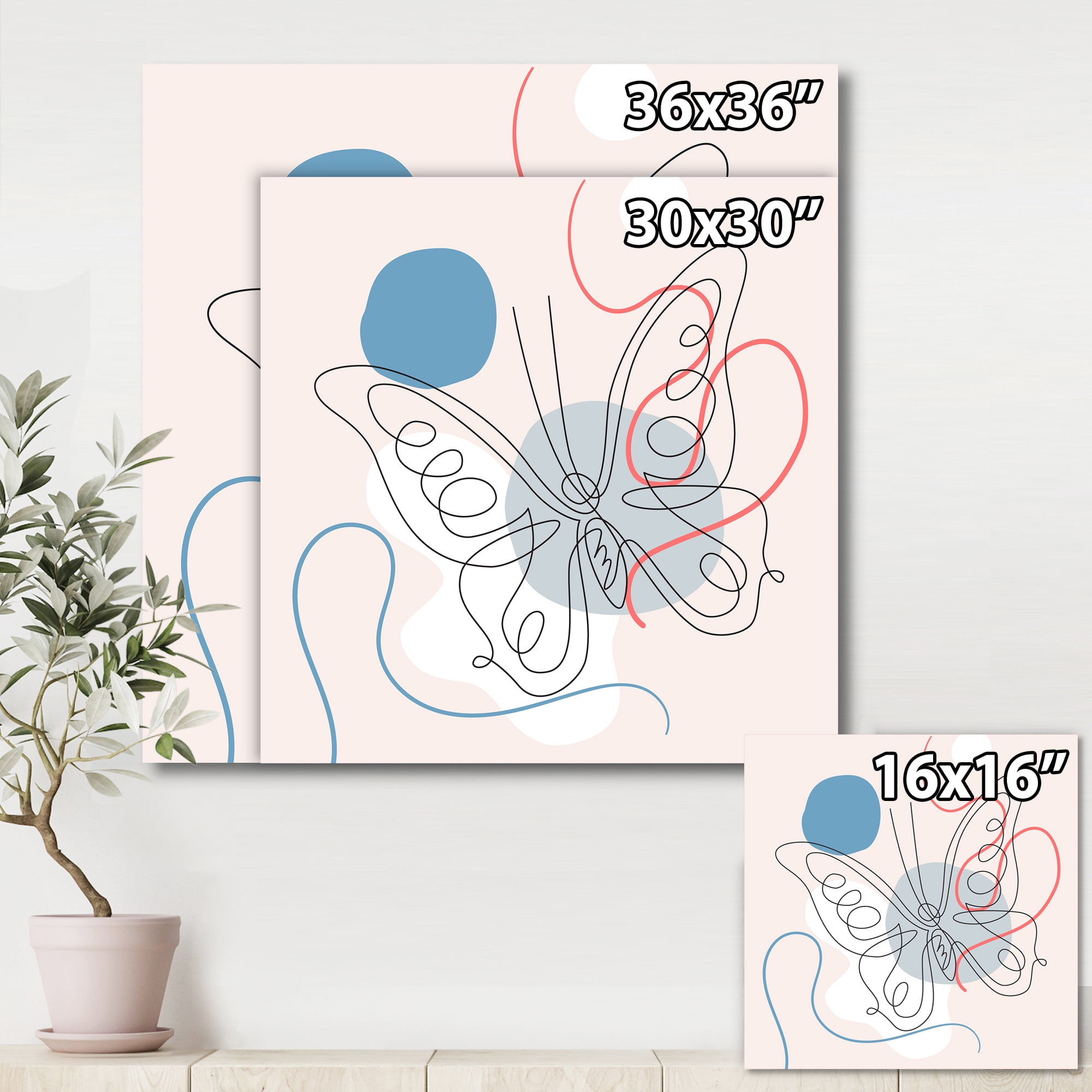 Designart ' One Line Butterfly Drawing On Cubism Shapes III ' Modern Canvas Wall Art Print