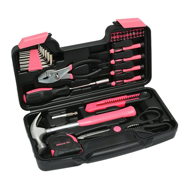 Mistaha Ensemble d'Outils de Réparation Domestique Rose de 39 Pcs avec Boîte à Outils en Plastique - Trousse à Outils Manuelle pour Usage d'Urgence - Comprend Ruban à Mesurer, Marteau, Pinces, Manche de Mèche, Tige Magnétique, Ciseaux, Couteau Utilitaire, 4