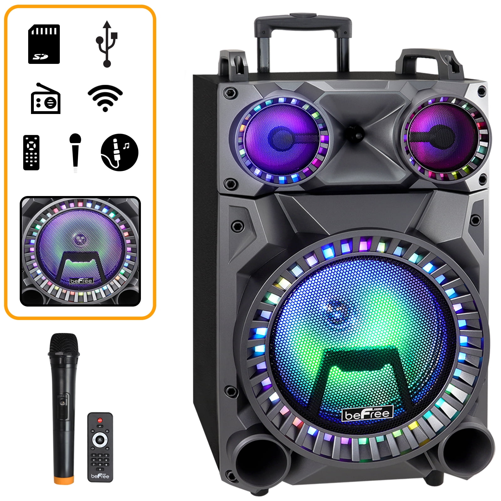 Rechargeable PA System with 2 Wireless Microphones/LED Party Lights STARQUEEN 12Inch Portable Bluetooth Speaker AUX/USB/TF Input/FM Radio/Holes for Tripod Stand 