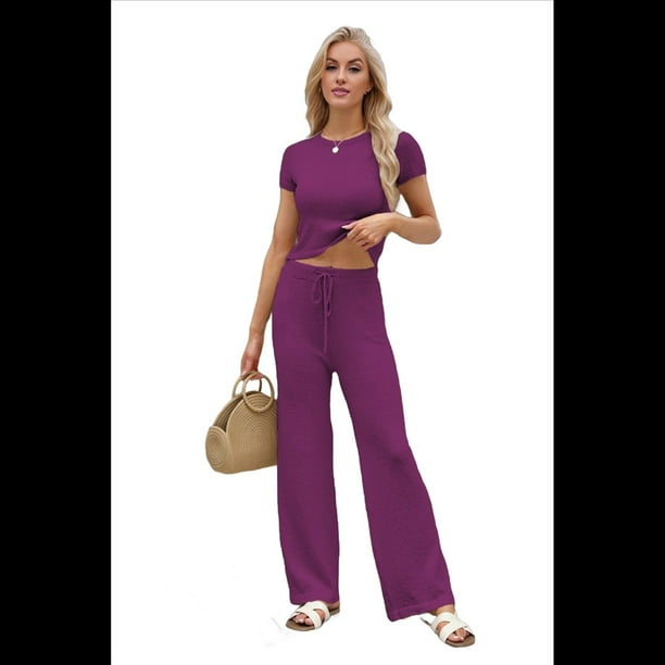Conjunto Deportivo de Verano para Mujer, de Corta y Bloques de Color, con Pantalones Ajustados, A Juego, para Estar en Casa, 2025 Rojo Púrpura L