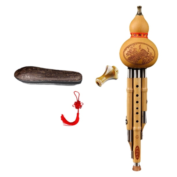 Hulusi de bambú tradicional con estuche, instrumento de viento profesional de bambú, calabaza tecla c