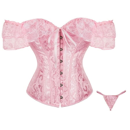 CHCNHAC Corset Lingerie for Women Vintage Satin Lace Up Corset Bodysuit Floral Trim Strapless Shapewear Plus Size Boned Victorian Corsets Pink M