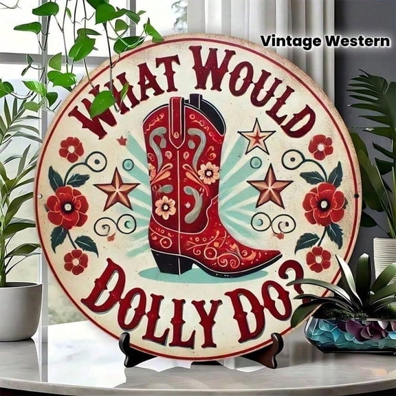 HELLOYOUNG What Would Dolly Do Western Wall Decor, Rustic 8x8 Inch Round Aluminum Sign with Red Cowboy Boots Floral Star, Farmhouse Country Home Art for Living Room