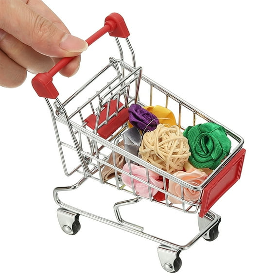 Mini Shopping Cart, Tiny Shopping Cart Trolley Miniature Grocery Supermarket Handcart Small Basket with Wheels for Pretend Play Dolls Storage Store Toy Dollhouse Gift, Red