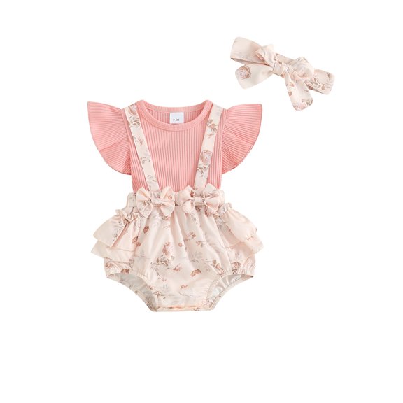 Infant Baby Girl Bubble Romper Rib Knit Floral Print Fly Sleeve Ruffles Newborn Bodysuits with Headband