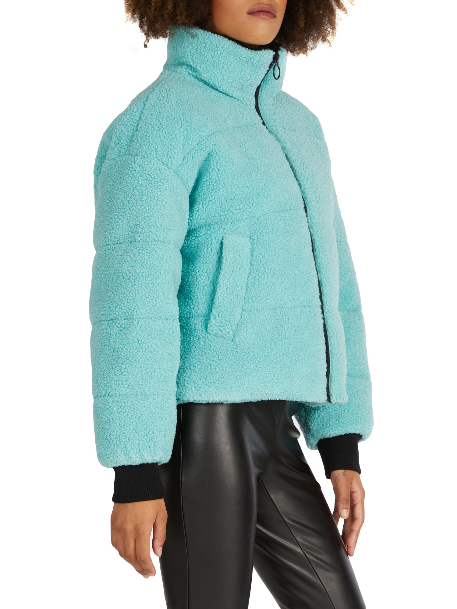 NVLT Cropped Berber Faux Down Puffer Jacket with Contrast Collar